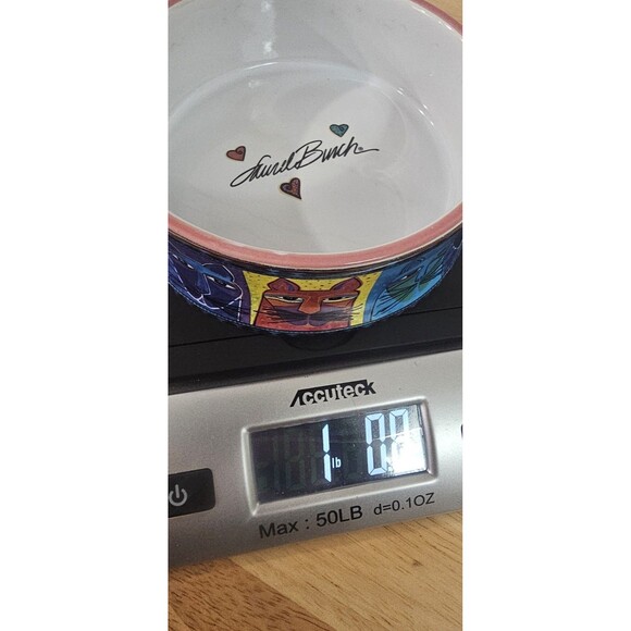 Vtg Laurel Burch Ceramic Cat Food Water Bowl Colorful Whimsical Cat Design 5-1/4 - Picture 13 of 13